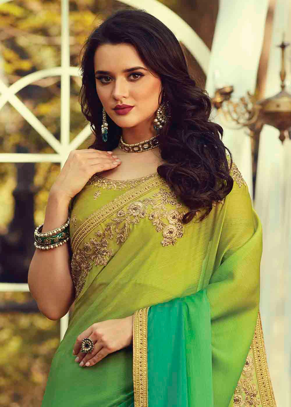 Buy MySilkLove Fern Green and Yellow Embroidered Designer Saree Online