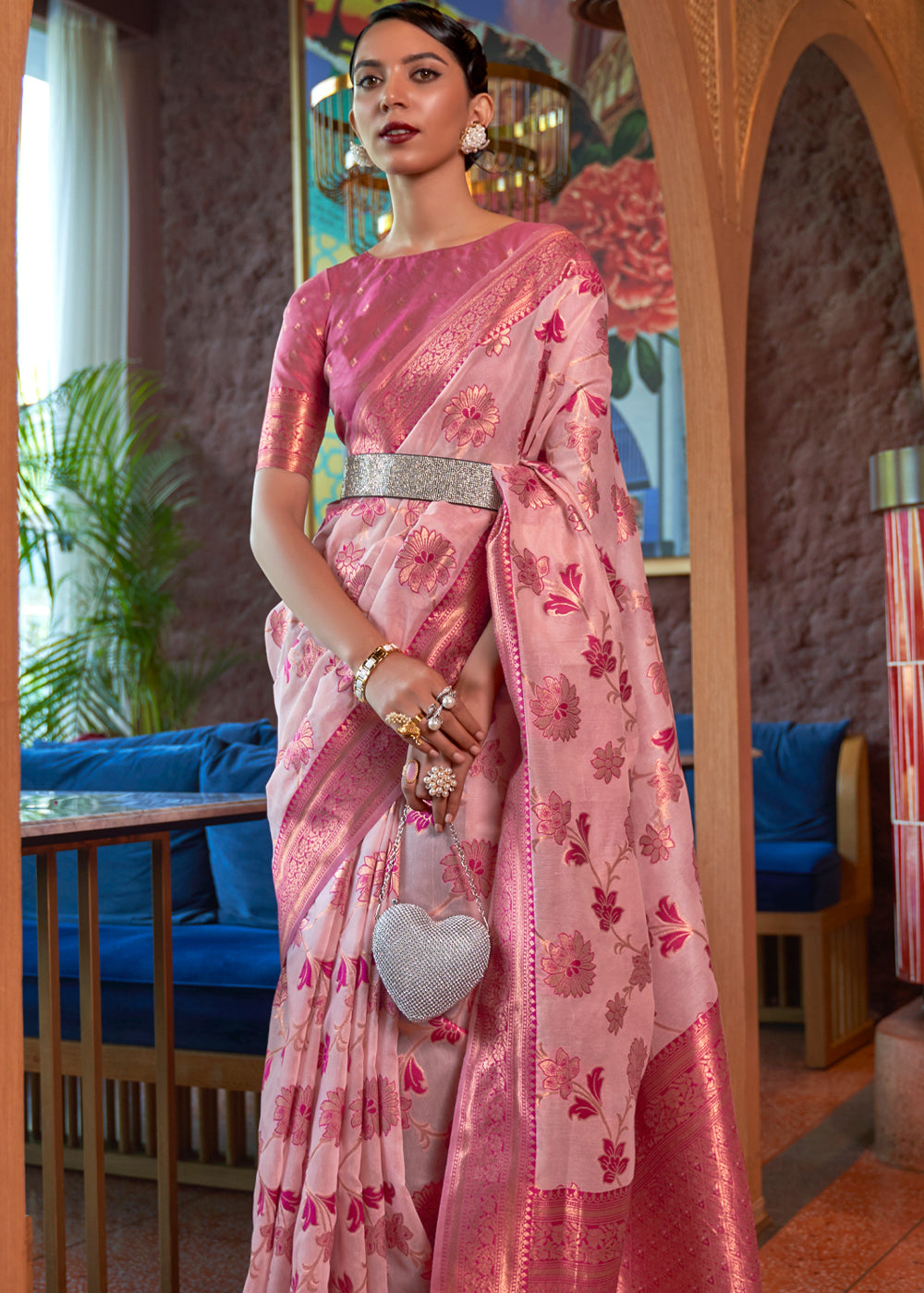 Buy MySilkLove Shilo Pink Bronze Zari Organza Woven Silk Saree Online