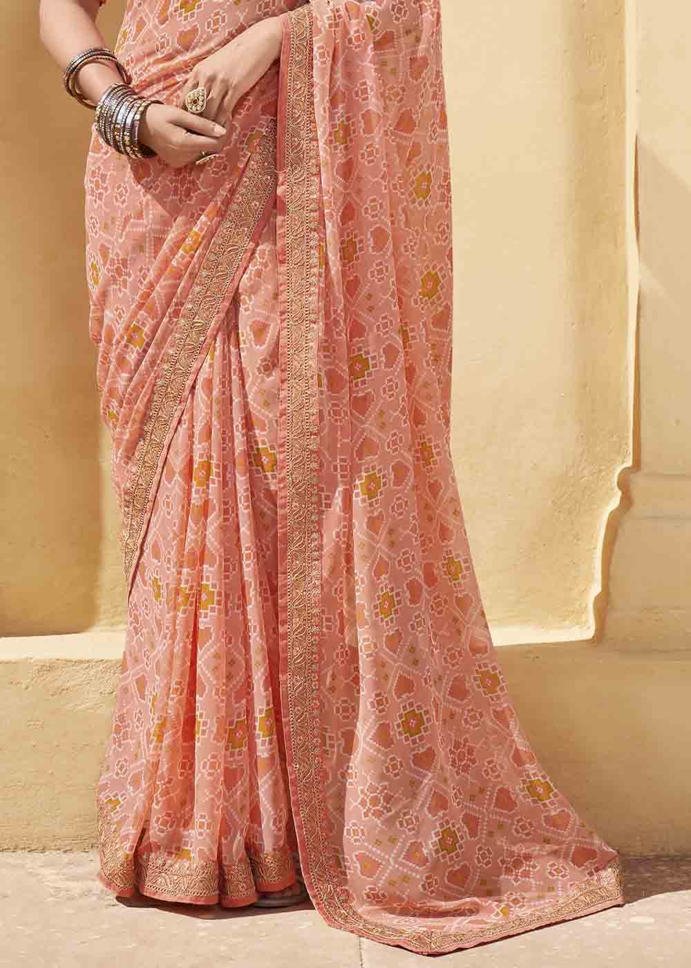 Buy MySilkLove Tonys Peach Patola Print Georgette Saree With Embroidered Blouse Online