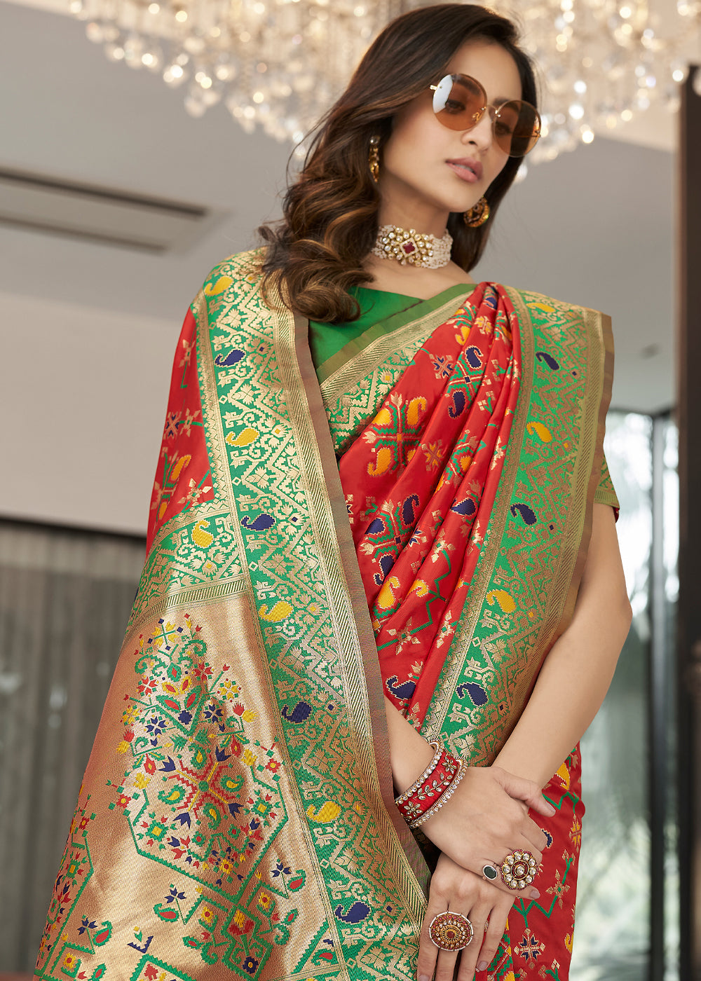 Buy MySilkLove Jasper Red and Green Zari Woven Banarasi Patola Saree Online