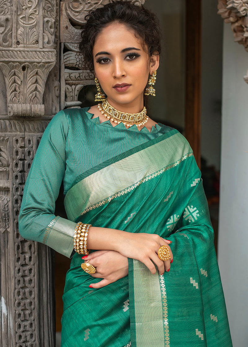 Polished Green Zari Woven Tussar Silk Saree