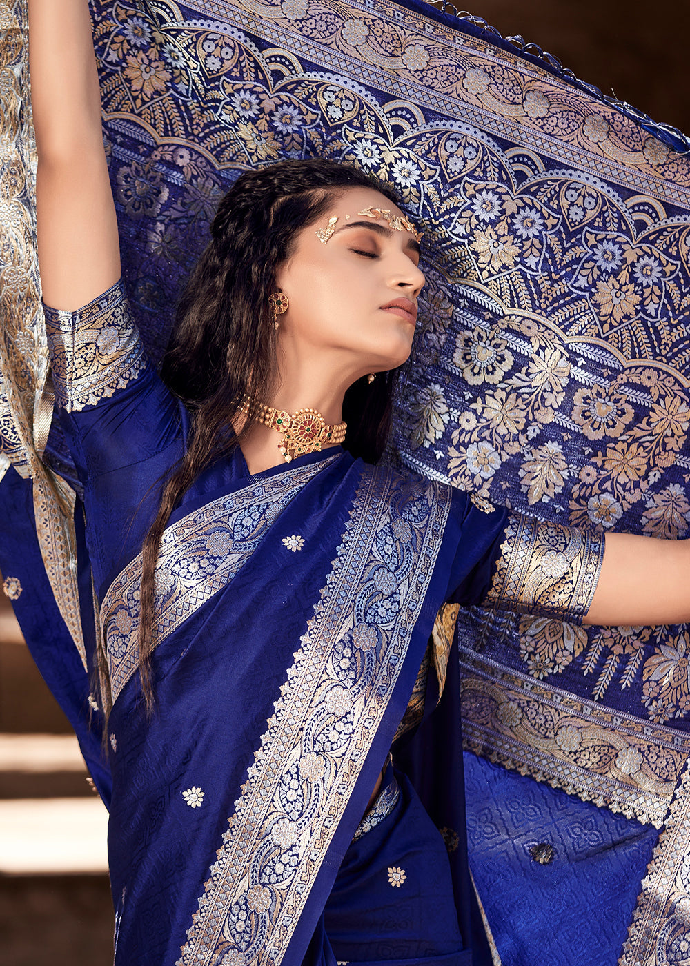 Buy MySilkLove Astronaut Blue Woven Banarasi Satin Silk Saree Online