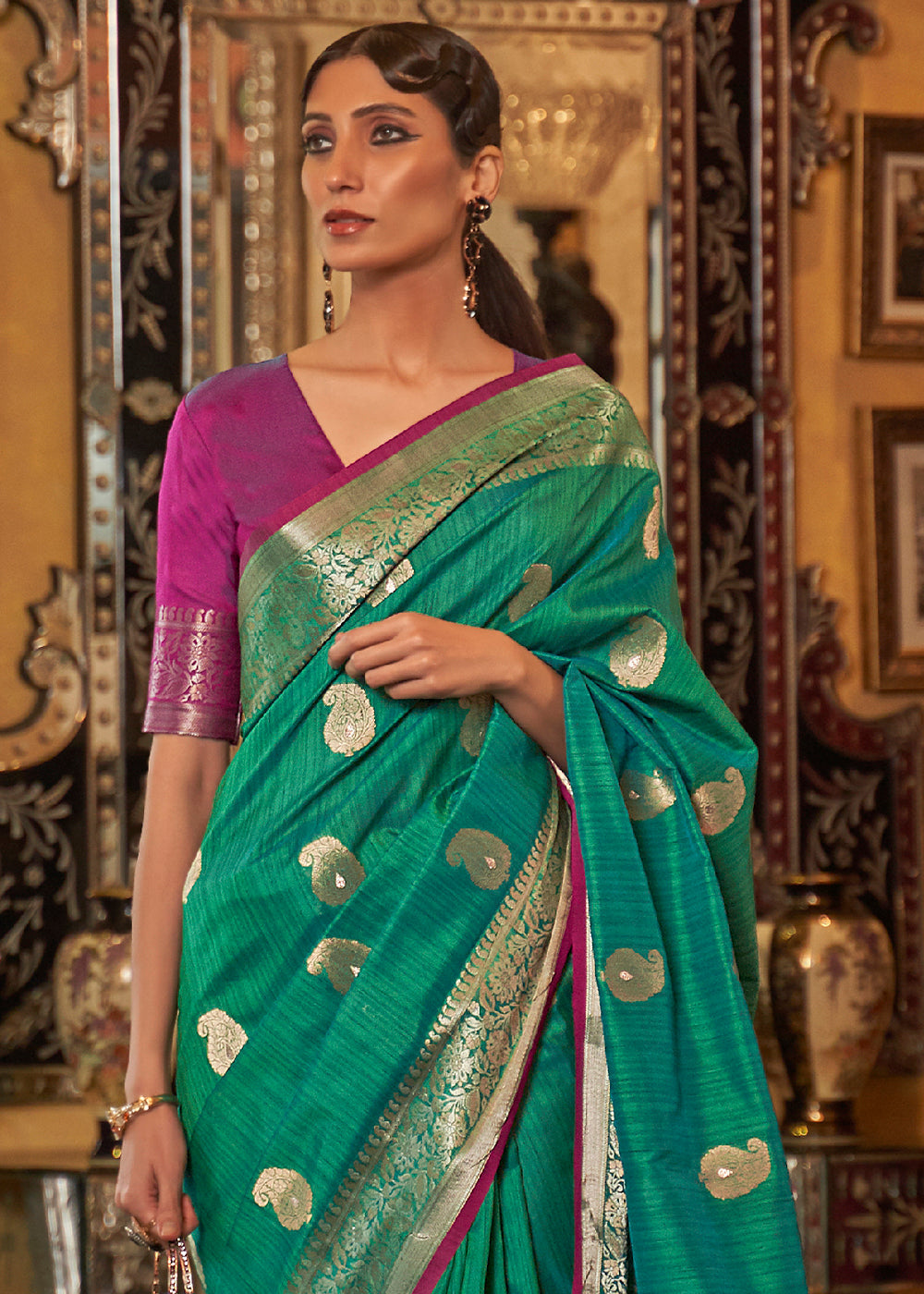 Buy MySilkLove Viridian Green and Purple Zari Woven Tussar Saree Online