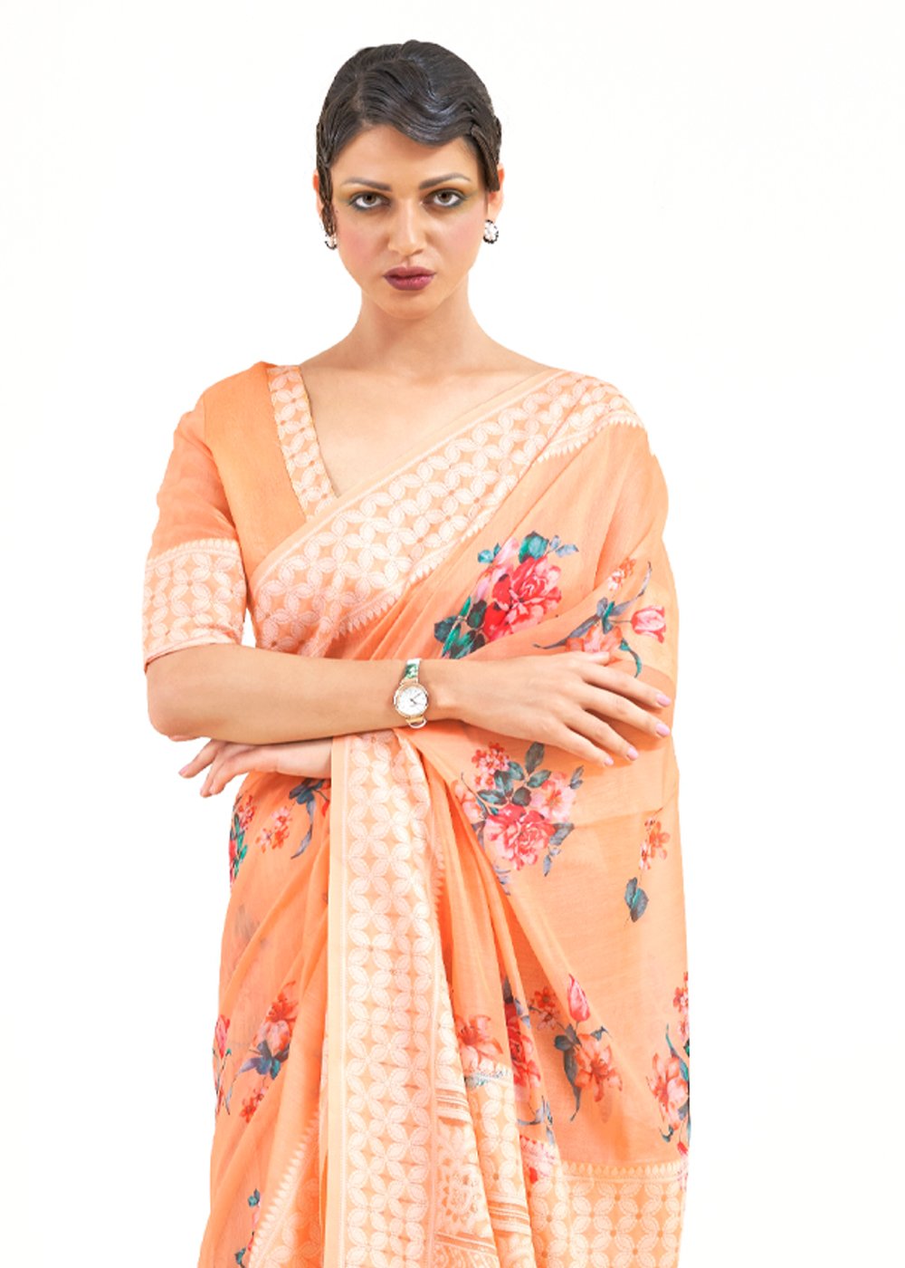 MySilkLove Flesh Light Orange Zari Woven Digital Printed Linen Saree