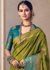 Lemon Green and Blue Zari Woven Banarasi Raw Silk Saree