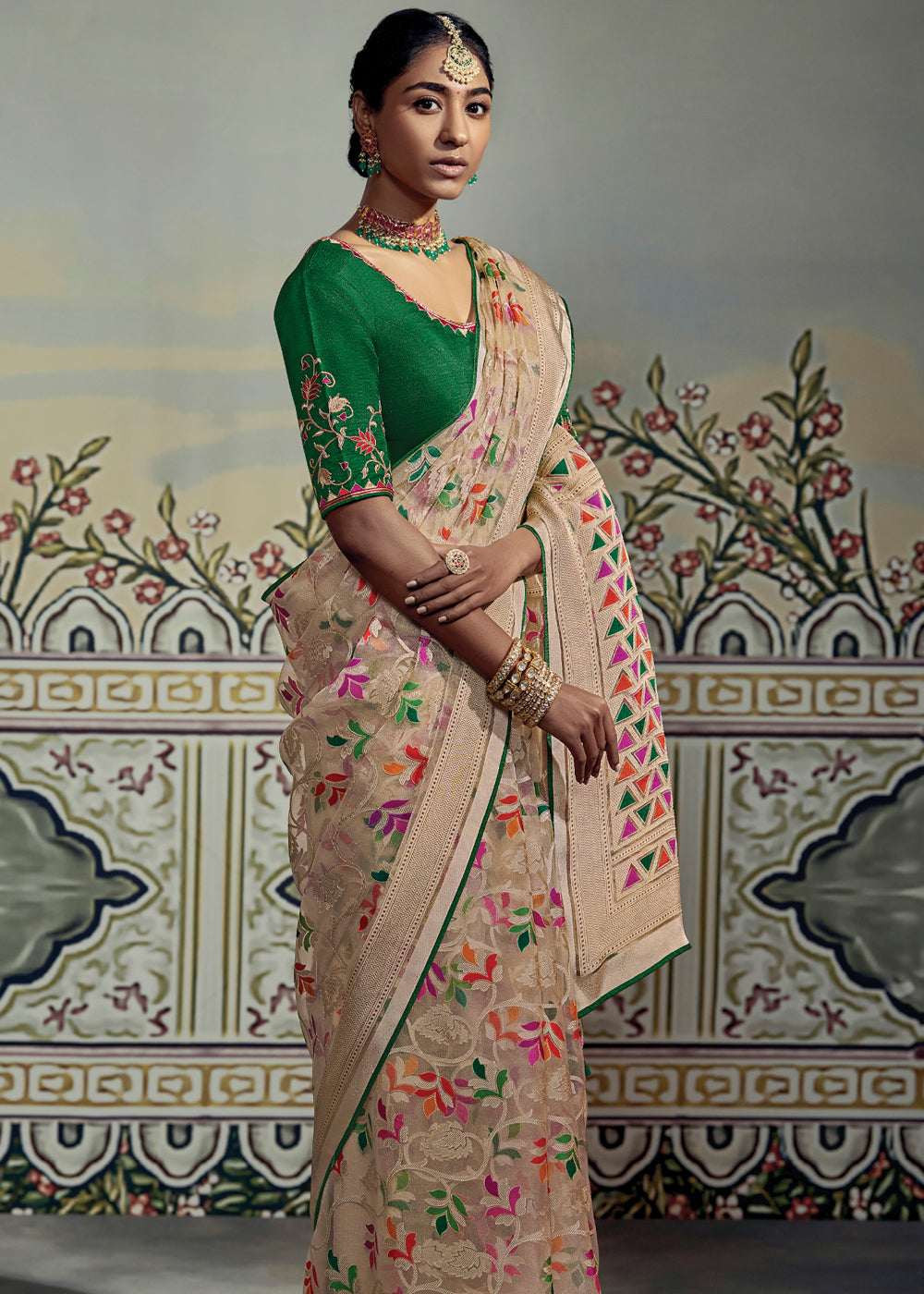 Buy MySilkLove Rodeo Dust Cream and Green Woven Soft Silk Saree with Embroidered Blouse Online