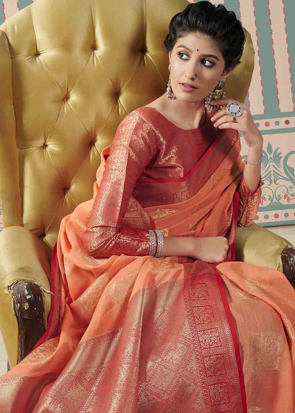 Buy MySilkLove Raw Orange Zari Woven Linen Saree Online