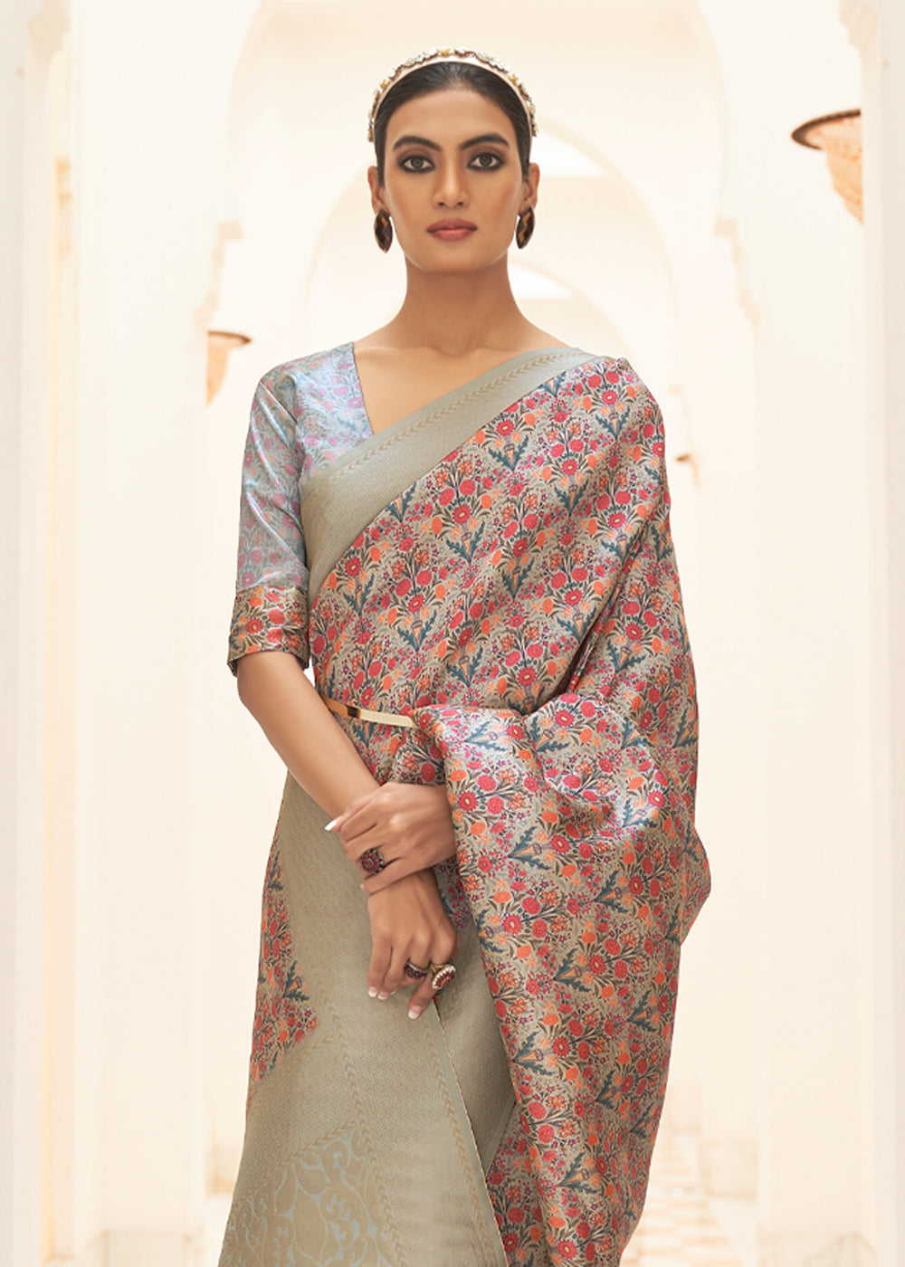 Buy MySilkLove Contessa Pink and Grey Digital Print Saree Online