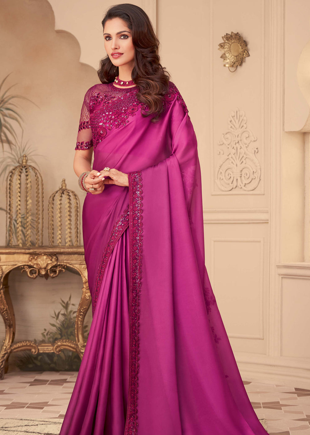 Mystic Pearl Pink Georgette Designer Saree with Embroidered Blouse