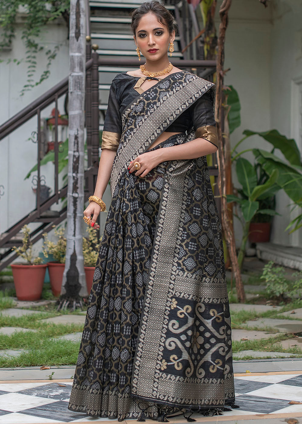 Buy MySilkLove Fuscous Black Zari Woven Tussar Saree Online