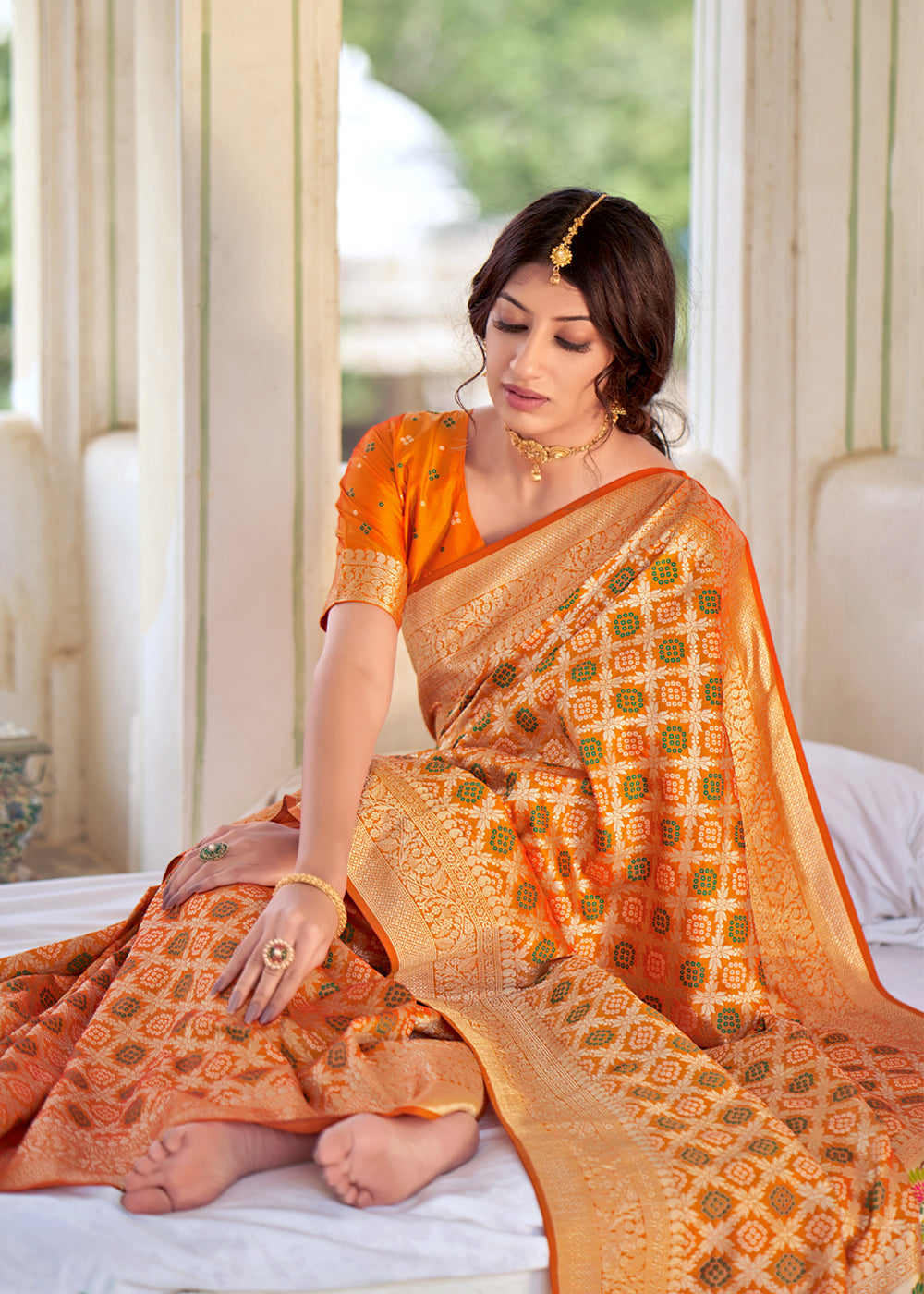 Buy MySilkLove Damask Orange Zari Woven Banarasi Brocade Saree Online