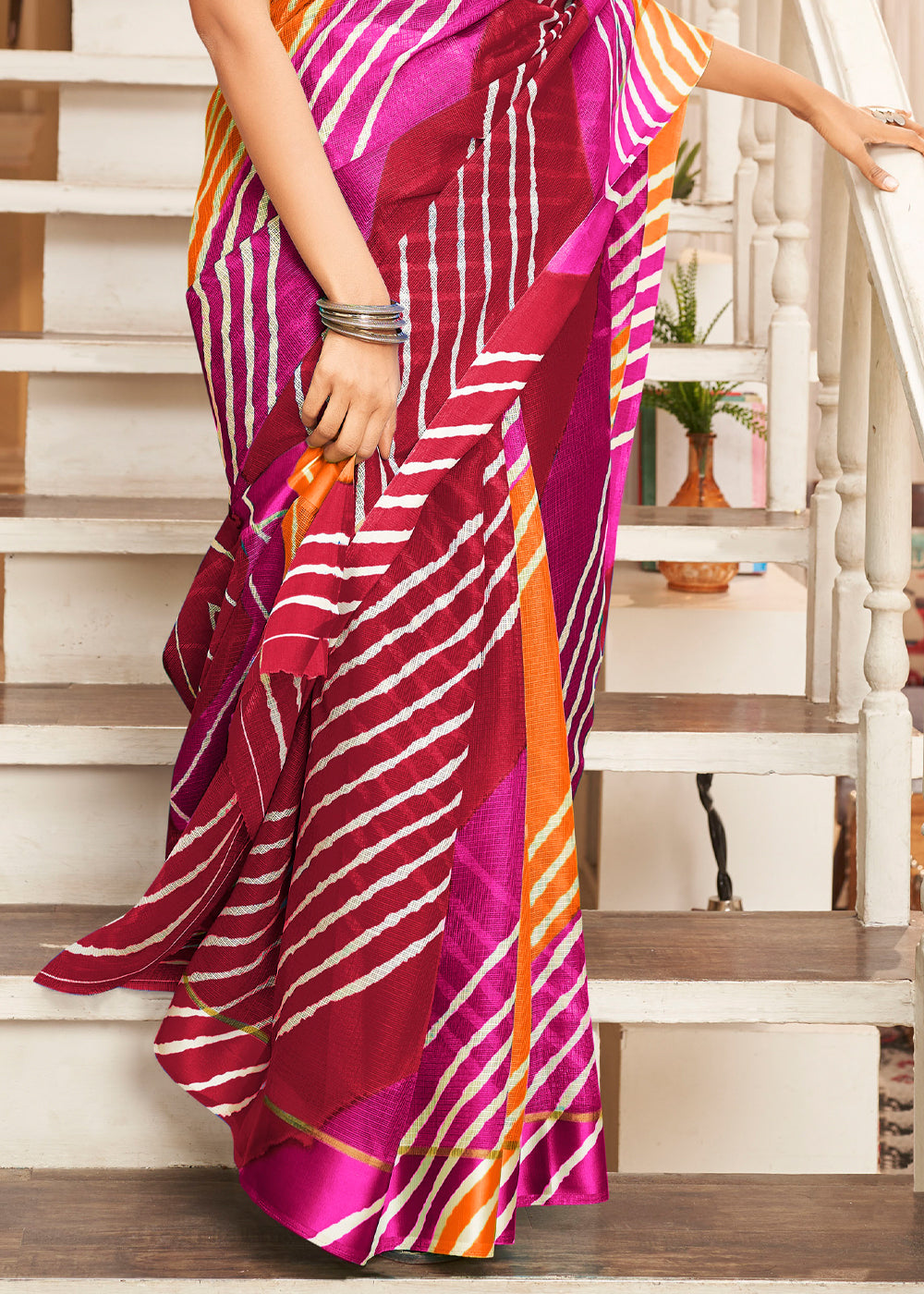 Buy MySilkLove Chestnut Dark Pink and Orange Cotton Saree With Lehriya Print Online