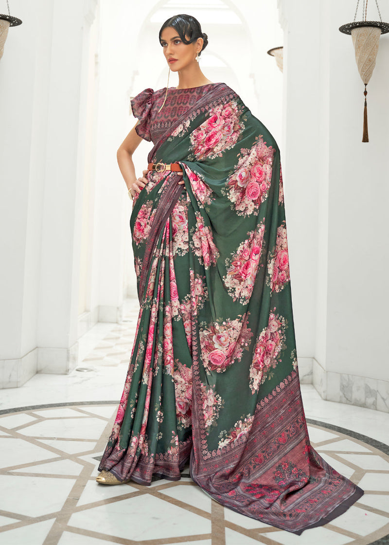Spanish Green and Pink Kalamkari Printed Crepe Saree