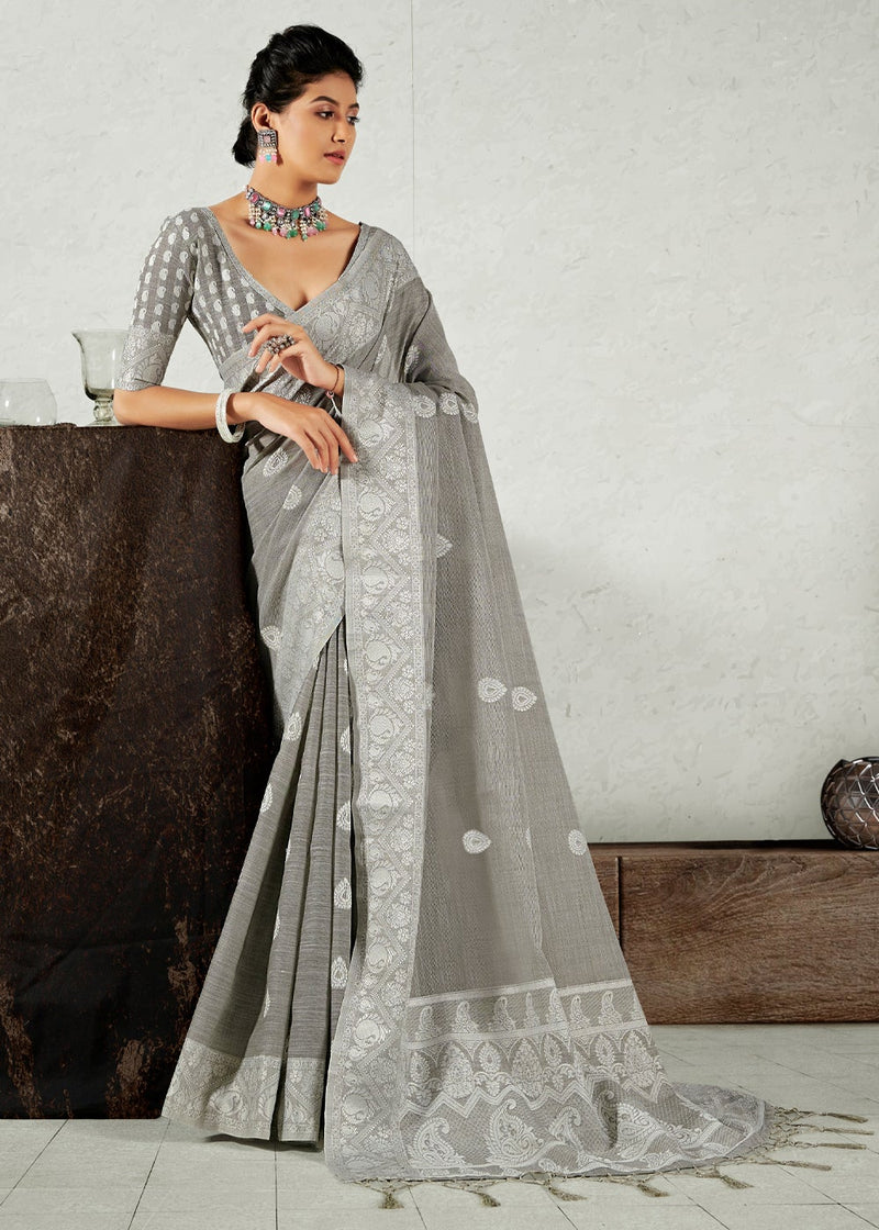 Party wear Linen Thread Embroidery Work Sarees, 6.3 m (with blouse piece)  at Rs 1900 in Kolkata