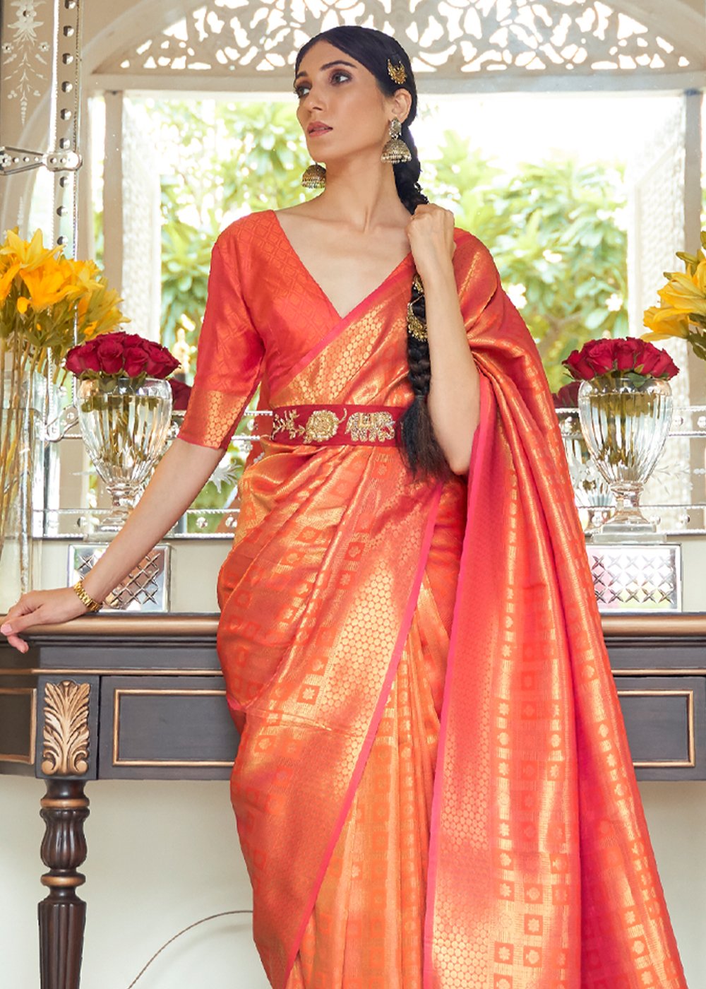 Buy MySilkLove Pearl Orange Zari Woven Kanjivaram Saree Online