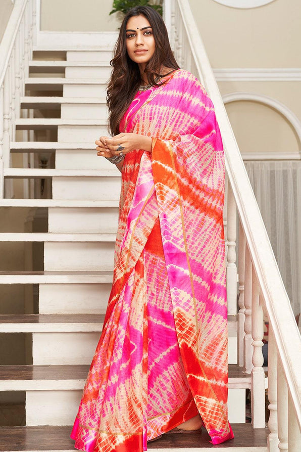 Buy MySilkLove Princess Perfume Pink Cotton Saree with Leheriya Print Online