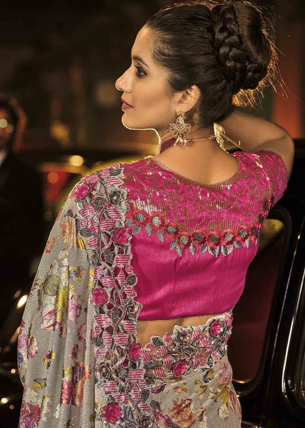 Buy MySilkLove Thistle Silver and Pink Heavy Work Designer Net Saree Online