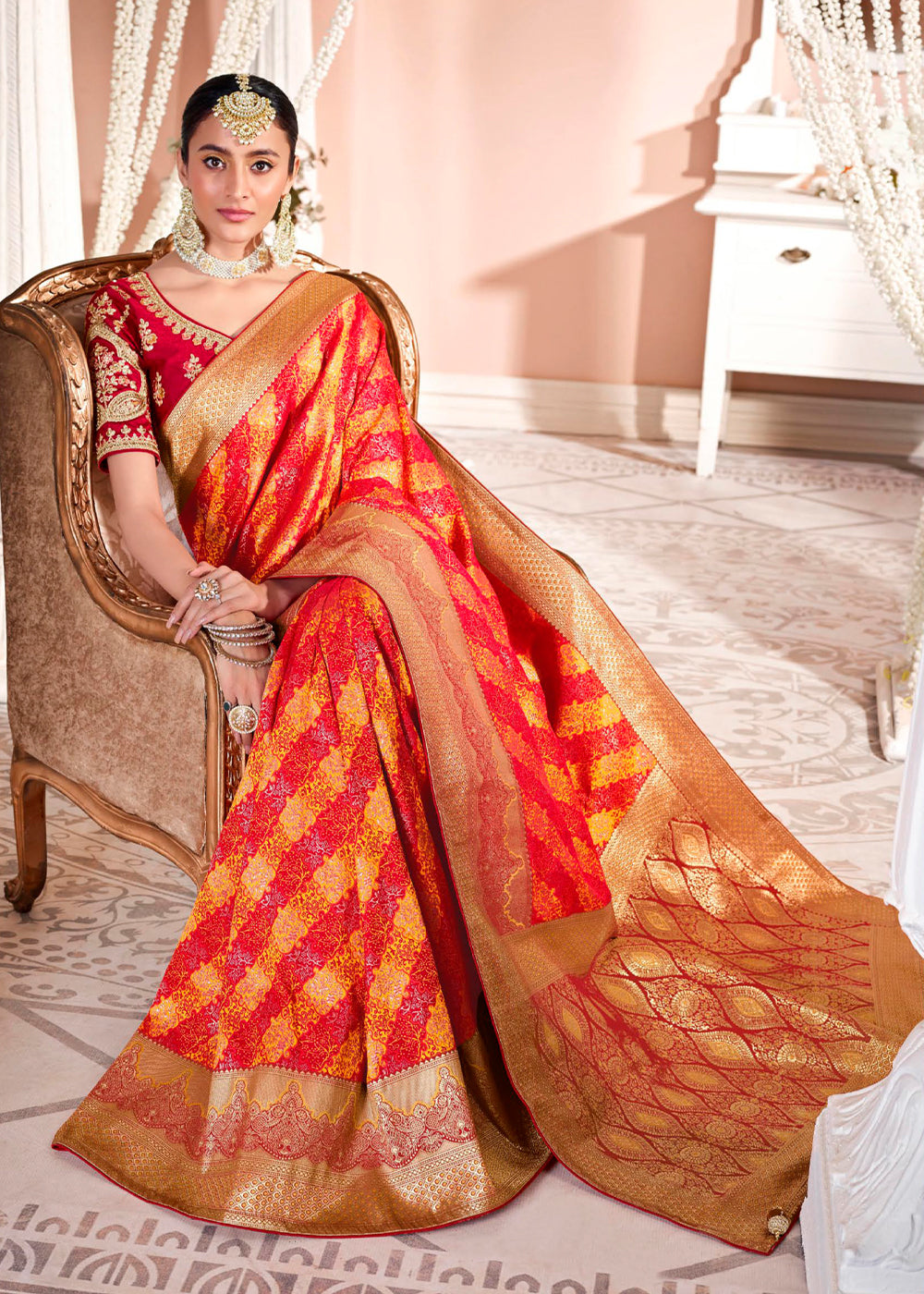 Buy MySilkLove Salmon Red Zari Woven Banarasi Saree with Designer Blouse Online