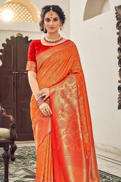 Buy MySilkLove Pea Orange Zari Woven Banarasi Saree Online