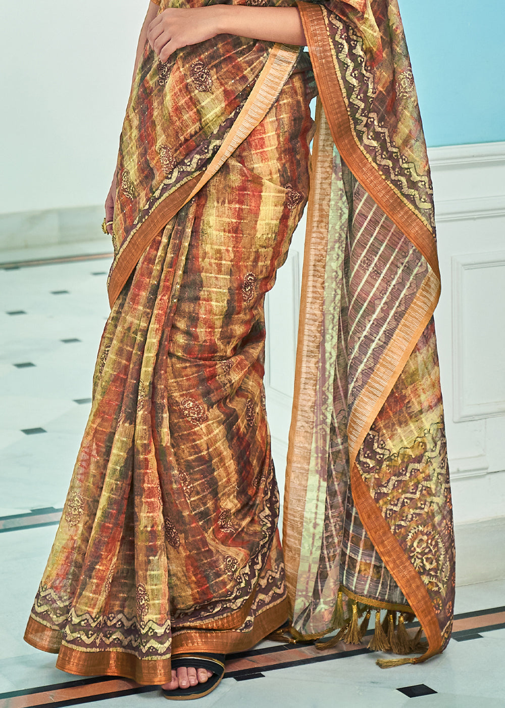 Buy MySilkLove Antique Brown Printed Linen Saree Online