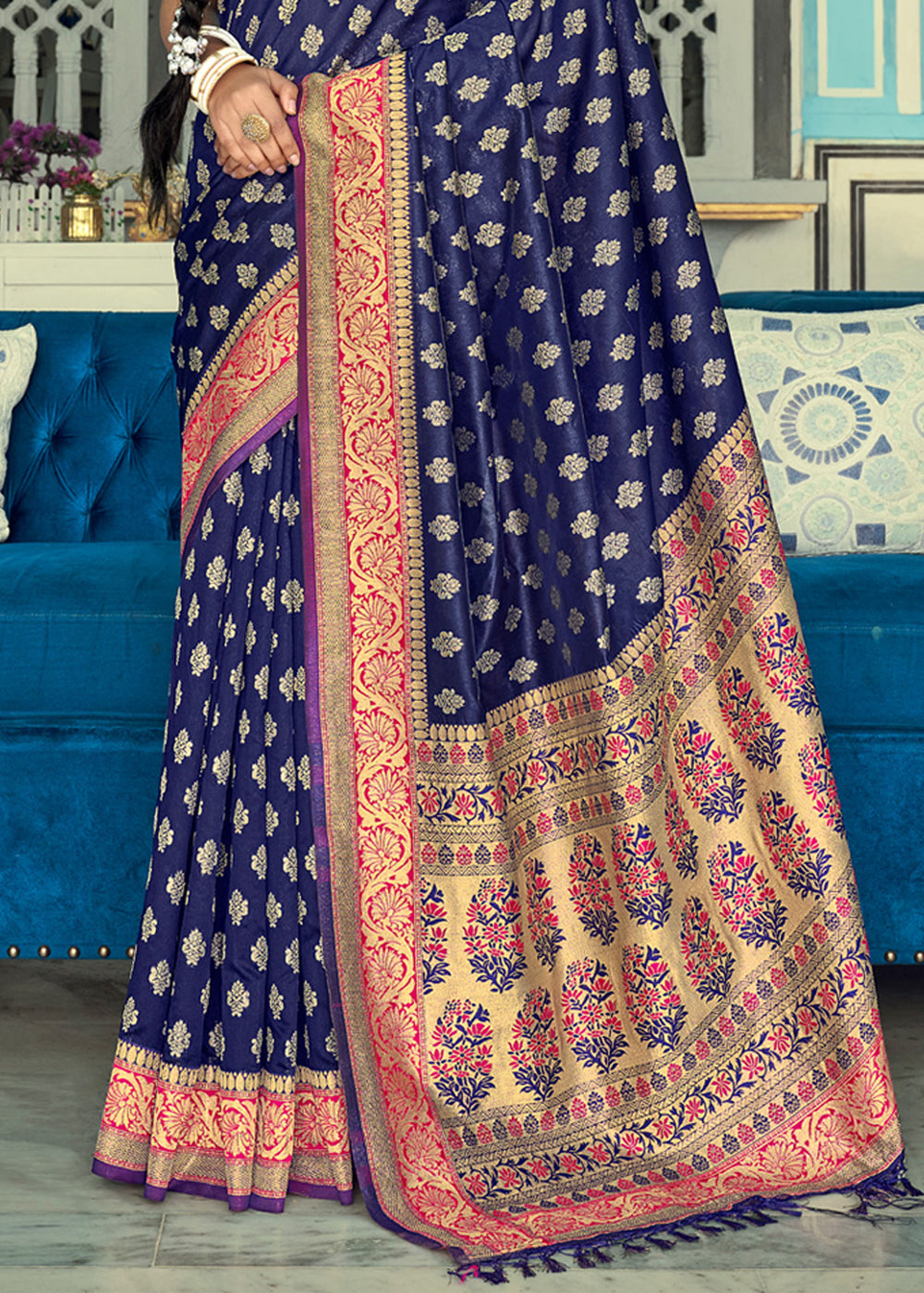 Buy MySilkLove Fiord Blue and Red Zari Woven Banarasi Saree Online