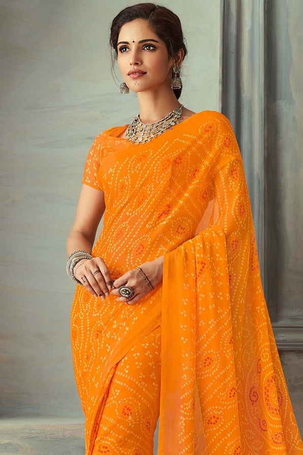 Salomie Orange Chiffon Bandhani Printed Saree