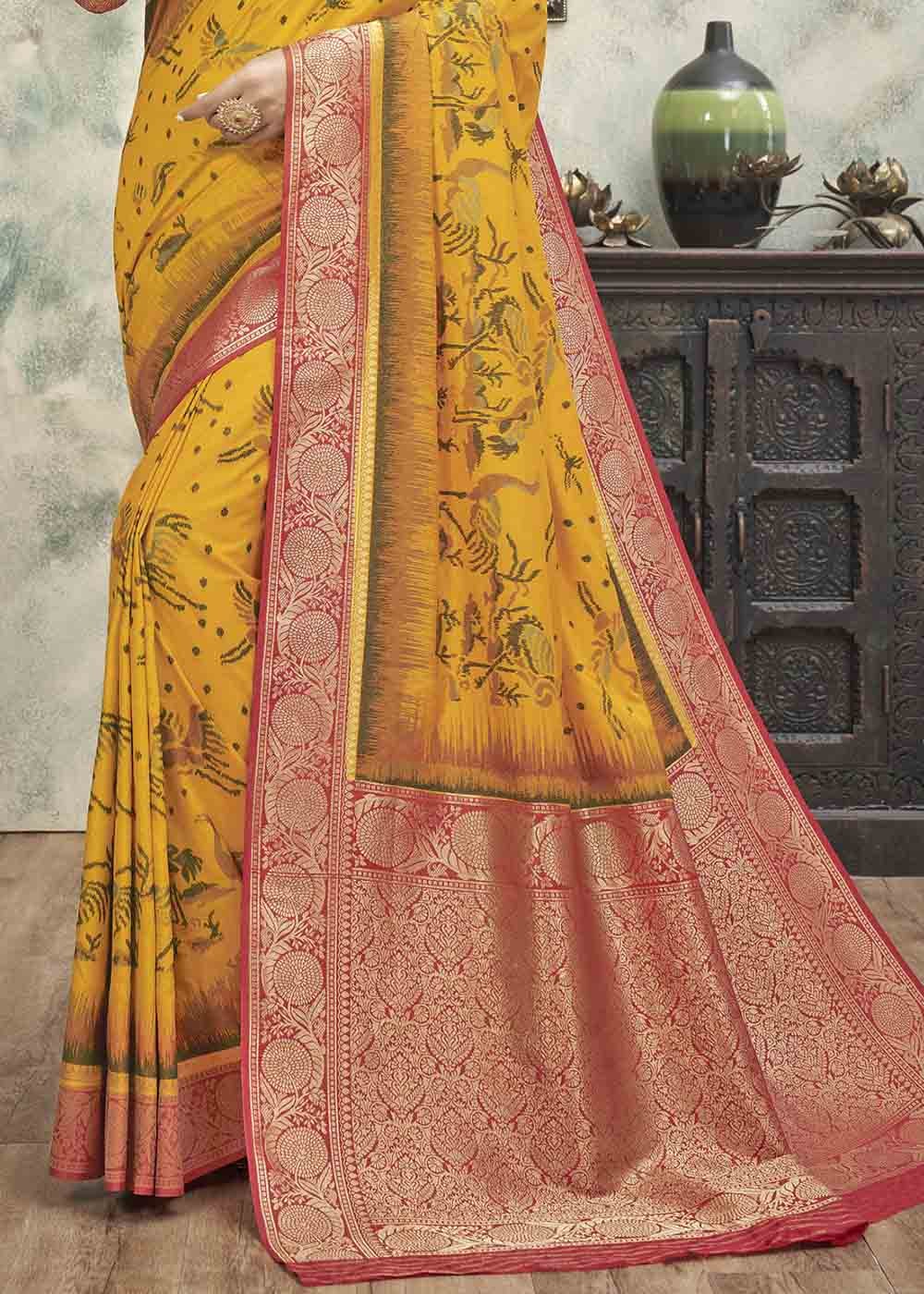 Buy MySilkLove Tulip Tree Yellow and Red Zari Woven Banarasi Silk Saree Online