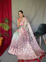Sheen Green Banarasi Dual Tone Floral Printed Silk Saree