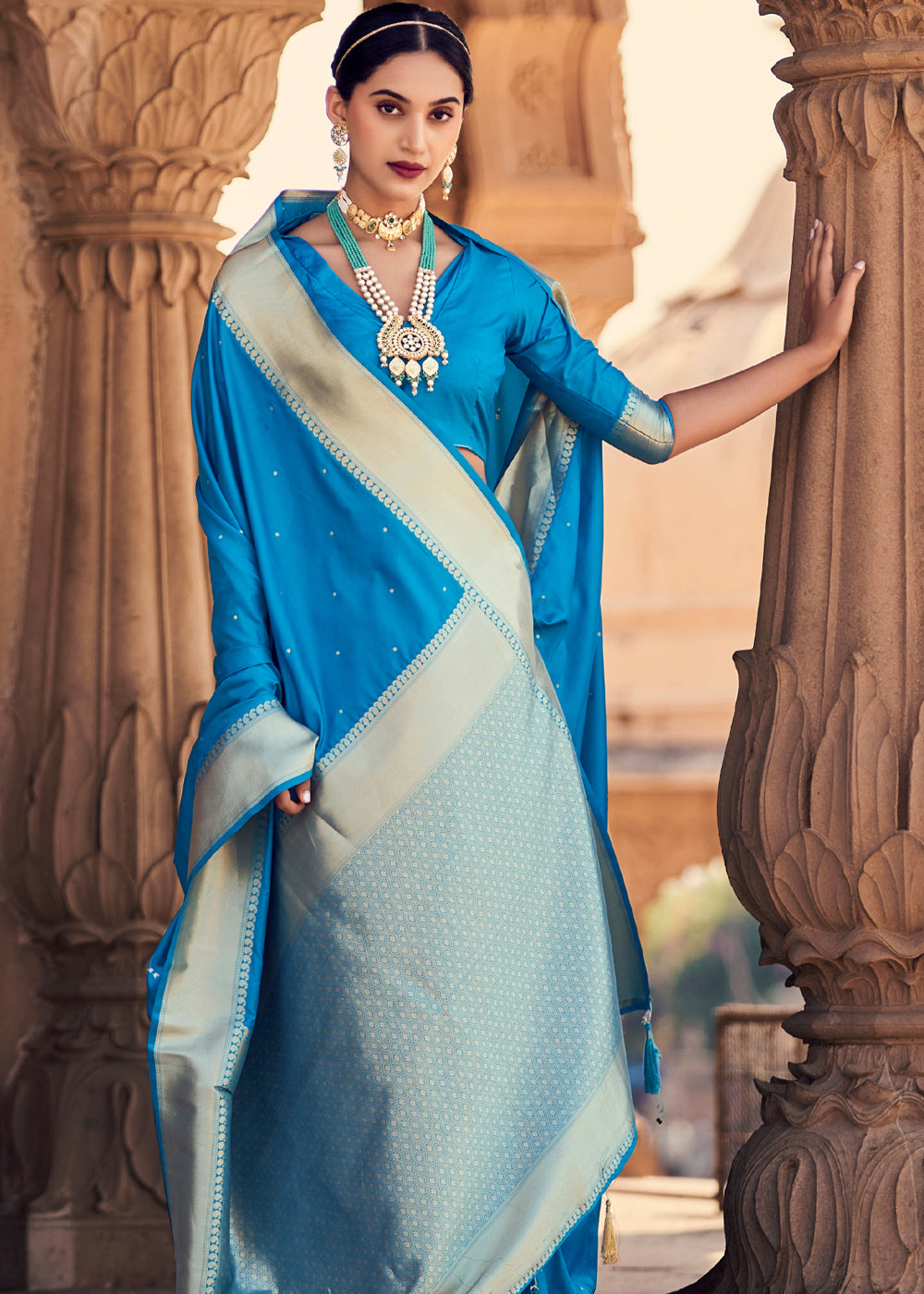 Buy MySilkLove Cerulean Blue Woven Banarasi Satin Silk Saree Online