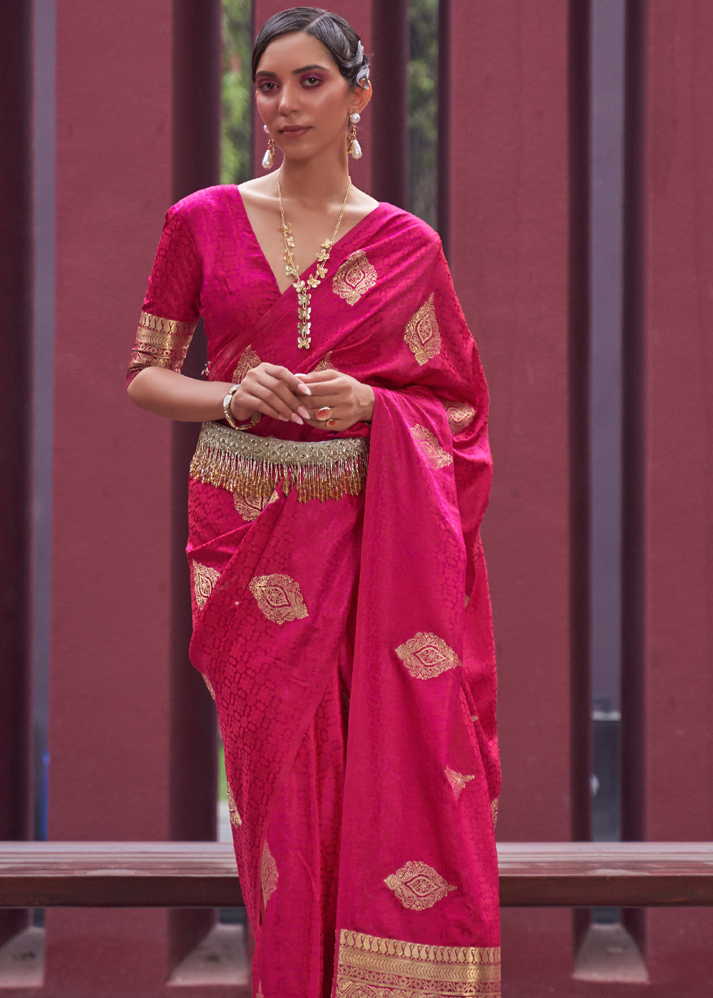 Buy MySilkLove Maroon Flush Pink Banarasi Woven Satin Silk Saree Online