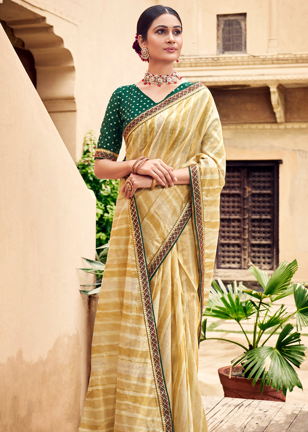 Buy MySilkLove Bourbon Yellow and Green Digital Printed Lehriya Silk Saree Online