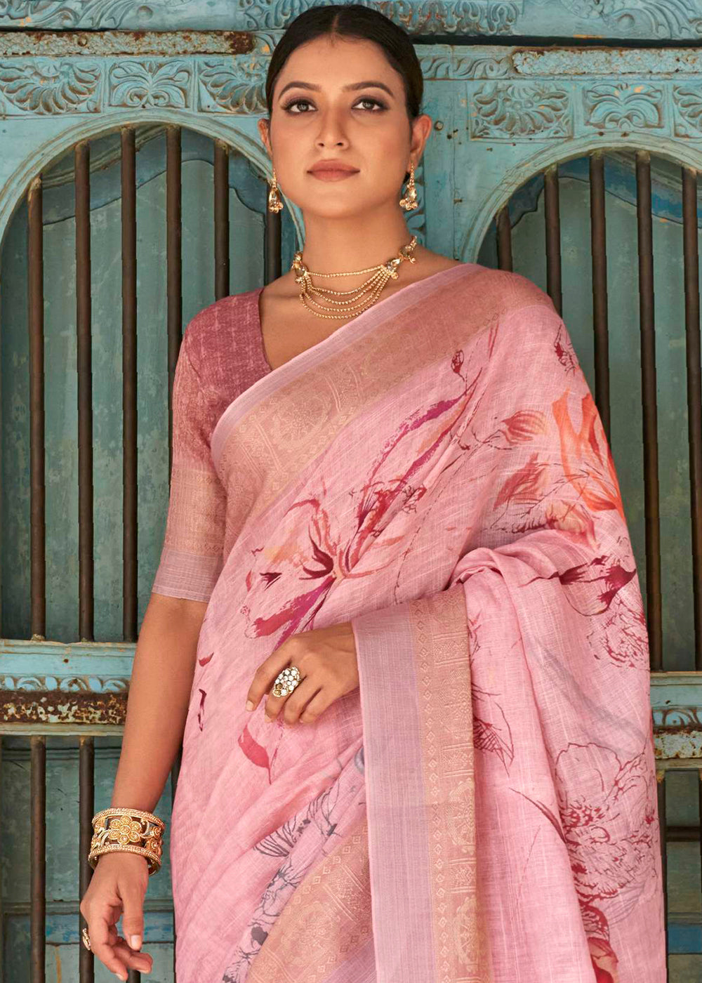 Buy MySilkLove Pastel Pink Floral Printed Linen Silk Saree Online