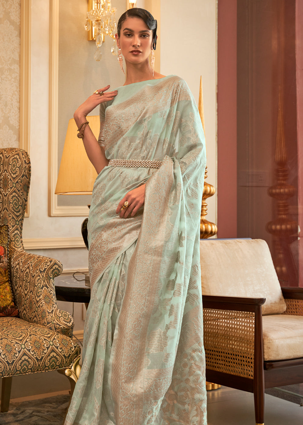 Buy MySilkLove Norway Green Zari Woven Banarasi Cotton Saree Online