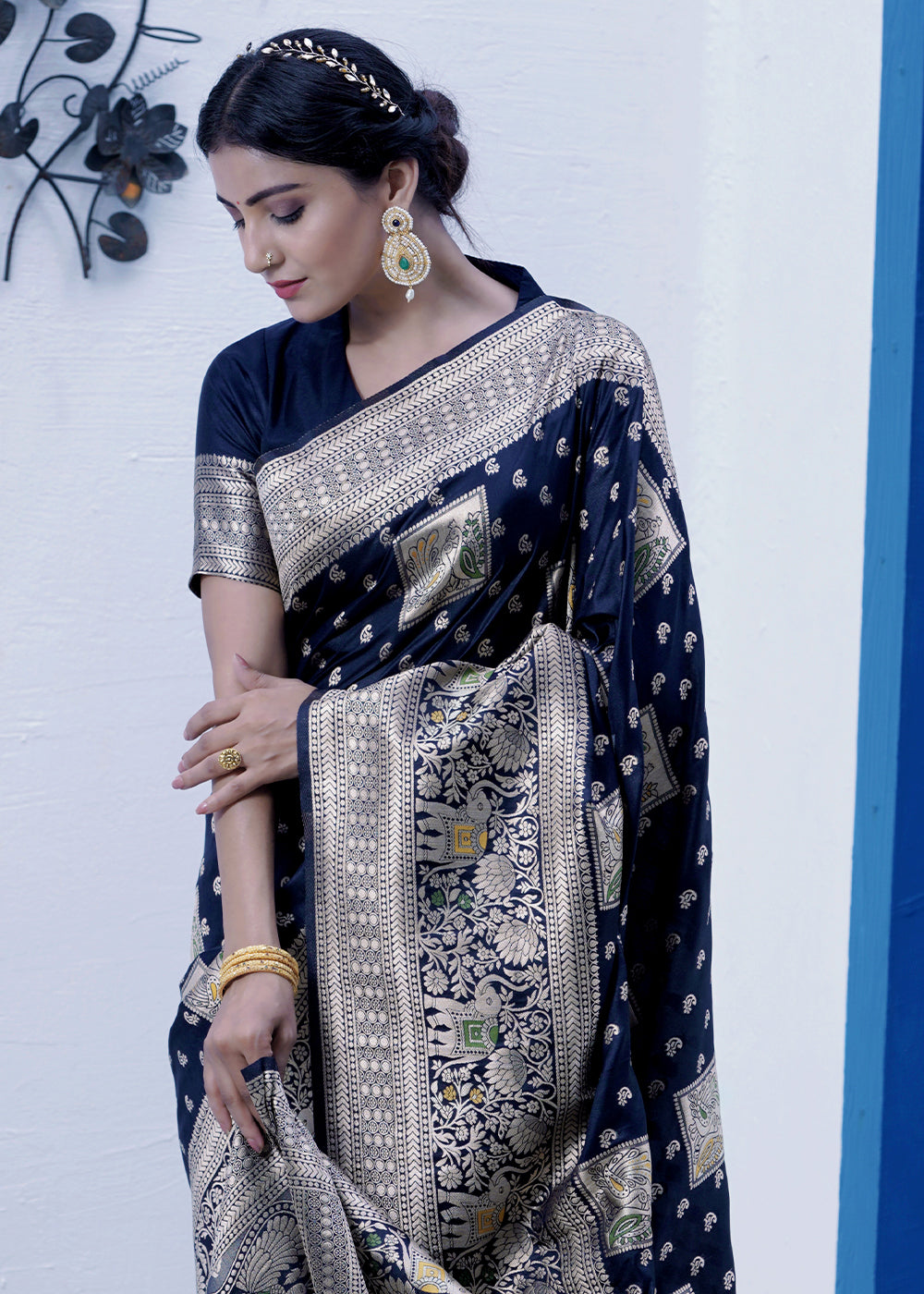 Buy MySilkLove Bunting Dark Blue Banarasi Saree Online