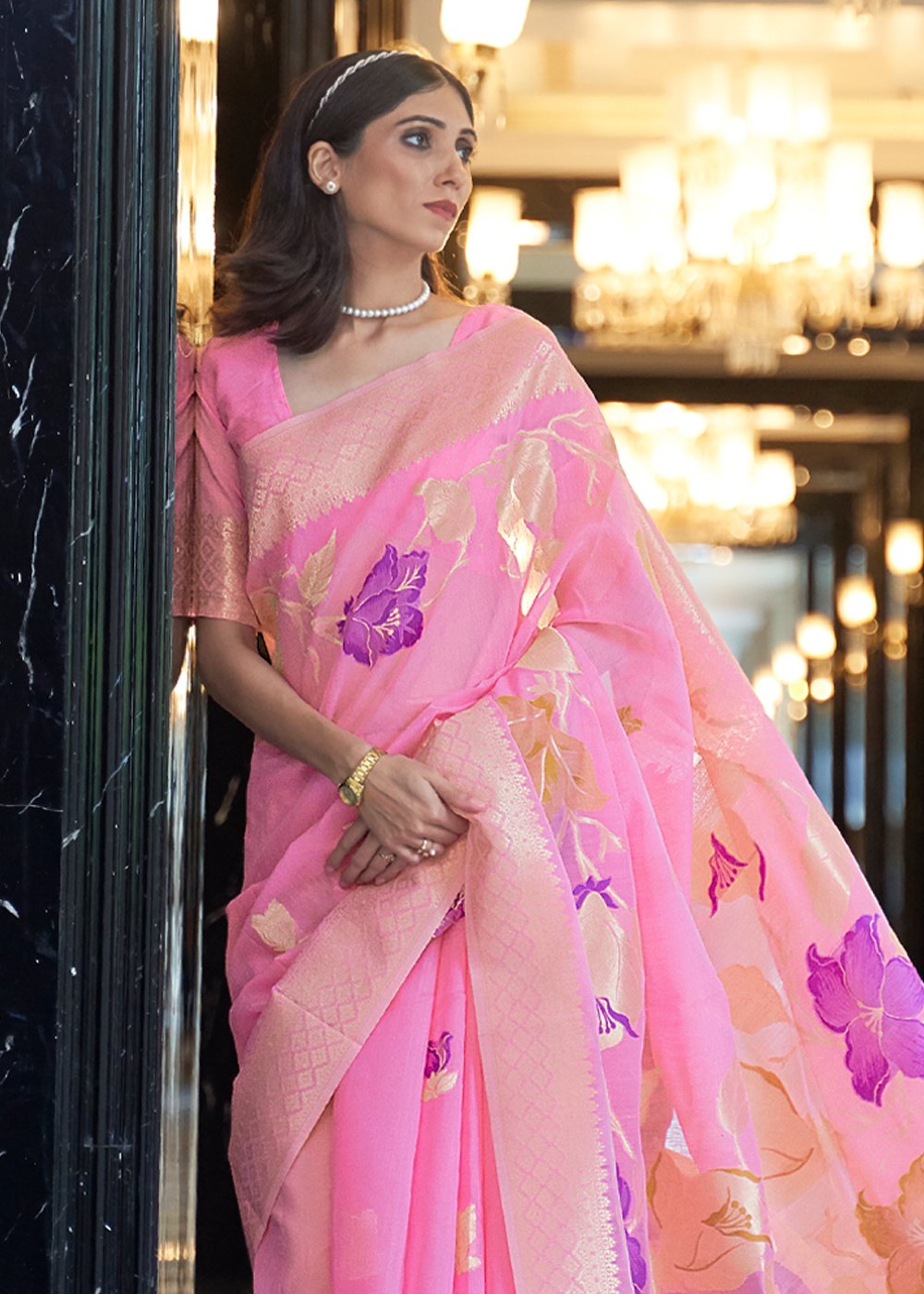 MySilkLove Deep Blush Pink Banarasi Linen Saree