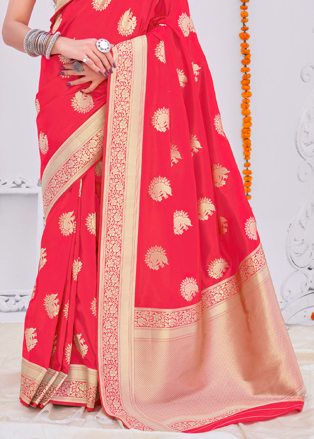 Buy MySilkLove Sunset Red Zari Woven Banarasi Silk Saree Online