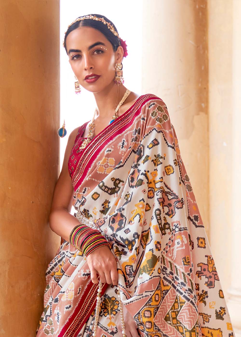 Buy MySilkLove Sisal White and Red Printed Patola Saree Online