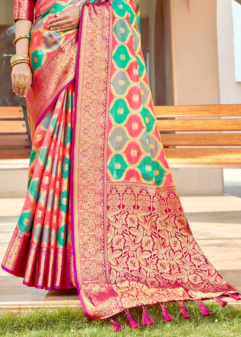 Buy MySilkLove Pine Green and Red Wonen Banarasi Rangkath Silk Saree Online