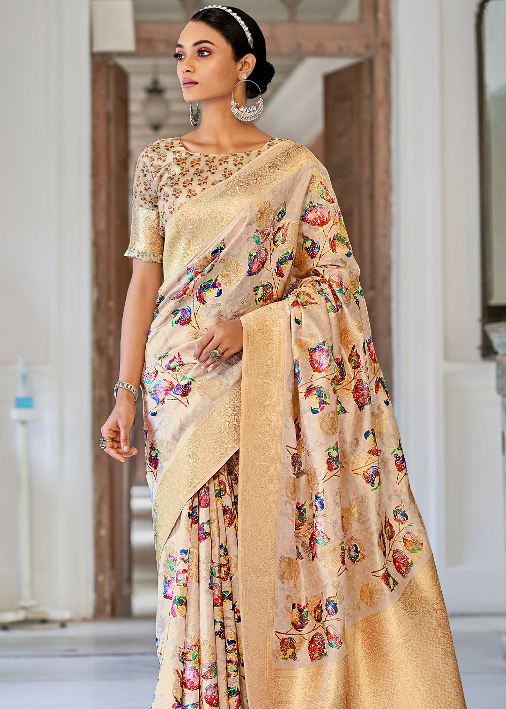 Buy MySilkLove New Orleans Cream Digital Printed Banarasi Saree Online