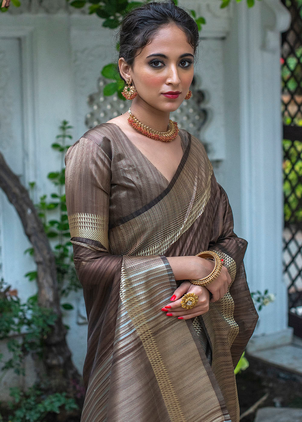 Buy MySilkLove Emperor Brown Zari Woven Tussar Silk Saree Online