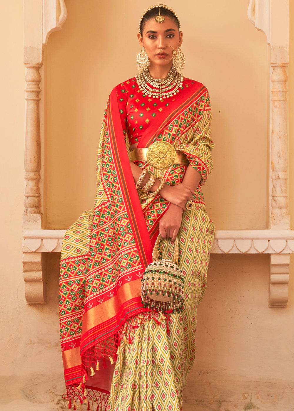 Orleans Yellow and Red Printed Patola Tussar Saree