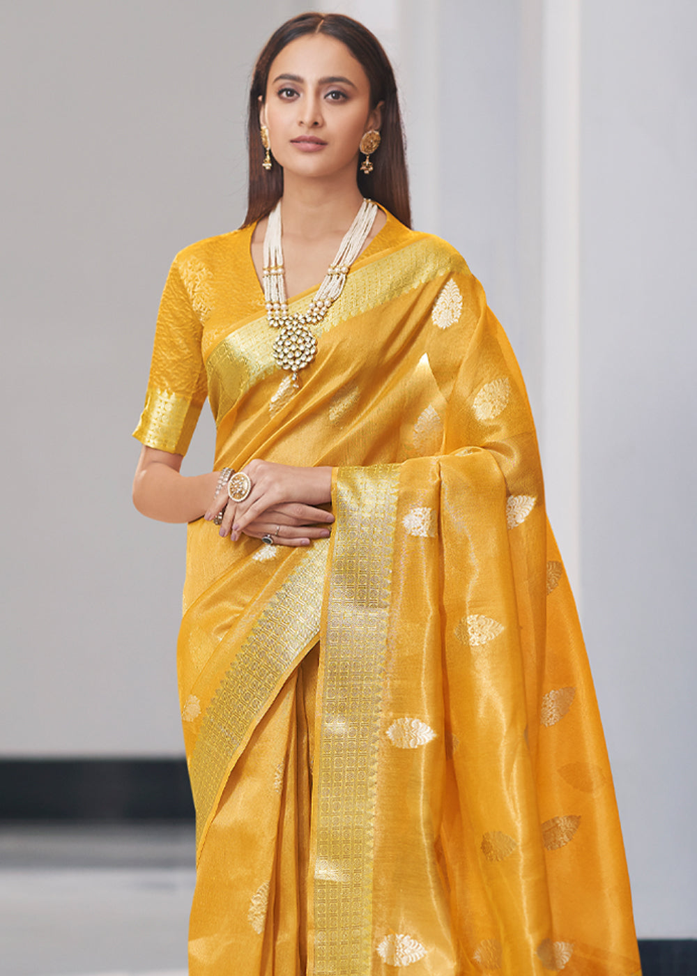 Buy MySilkLove Saffron Yellow Zari Woven Tissue Banarasi Silk Saree Online