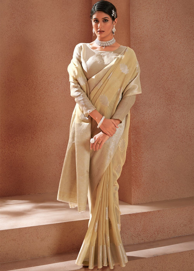 Twine Cream Zari Woven Banarasi Linen Saree