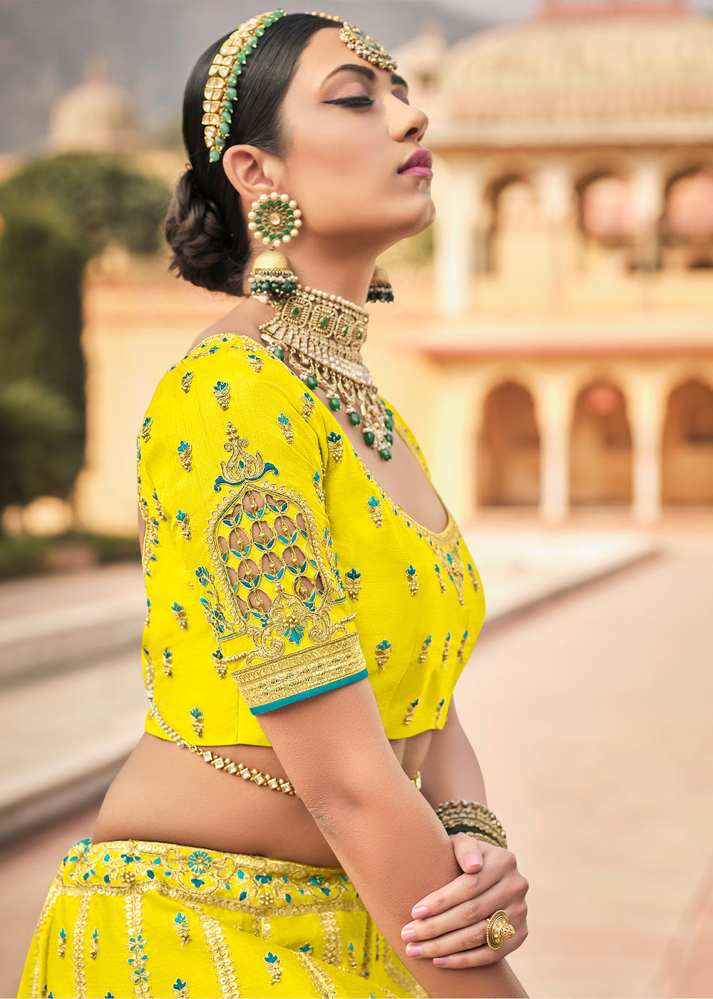 Buy MySilkLove Lemon Yellow and Blue Heavy Designer Embroidered Lehenga Online