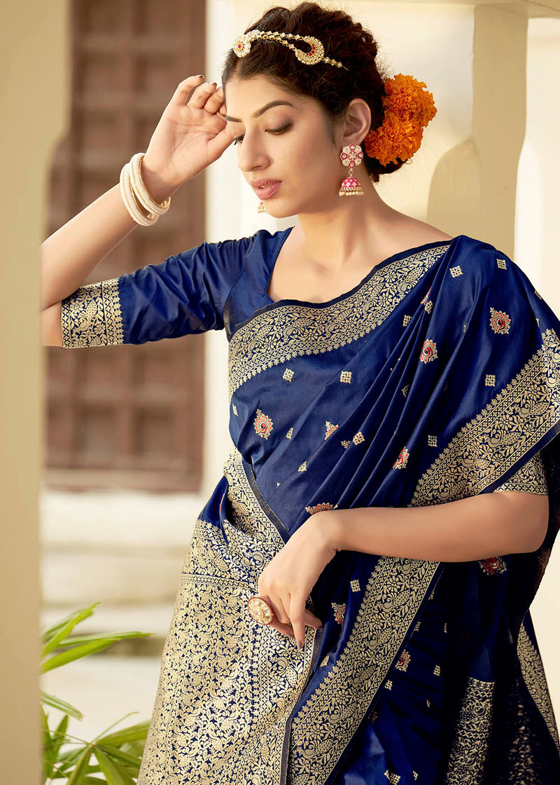 Fiord Blue Zari Woven Banarasi Silk Saree with Butti Work