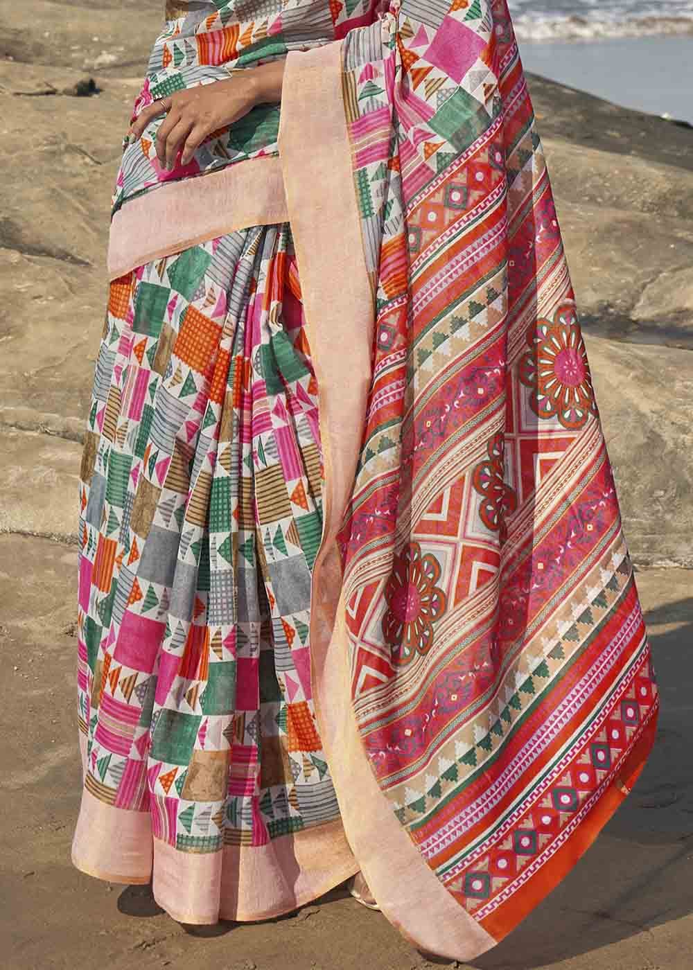 Buy MySilkLove Cinnamon Multicolored Printed Cotton Saree Online