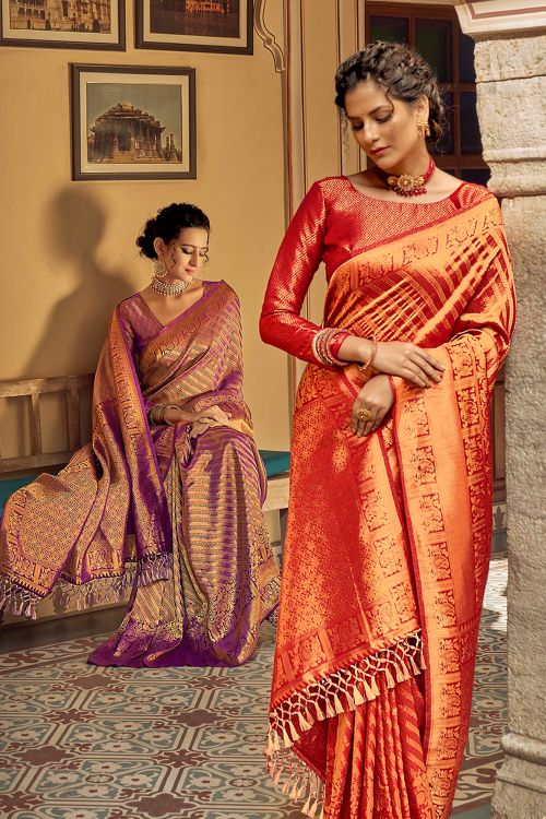 Valencia Red and Orange Zari Woven Tanchui Kanjivaram Fusion Silk Saree