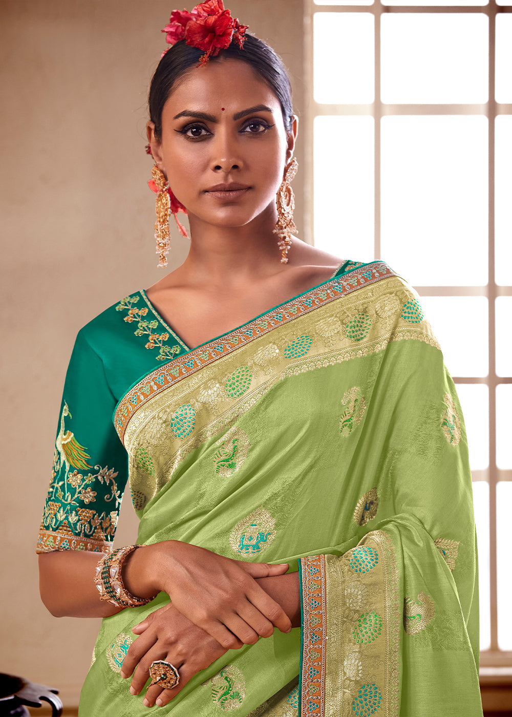 Buy MySilkLove Green Smoke Banarasi Saree with Designer Blouse Online