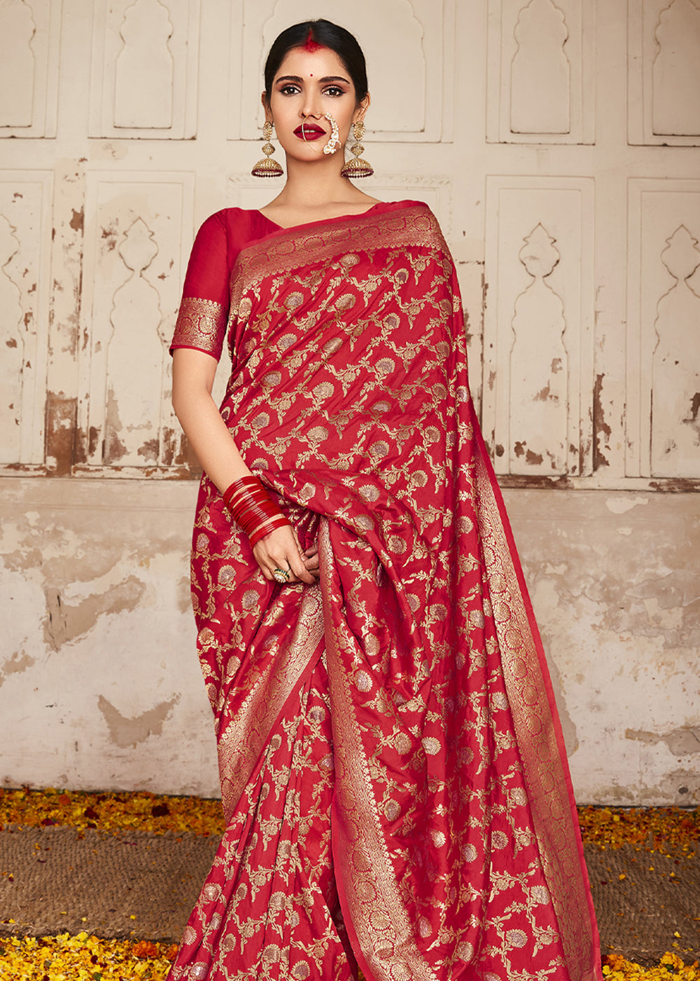 Buy MySilkLove Jasper Dark Red Zari Woven Banarasi Saree Online