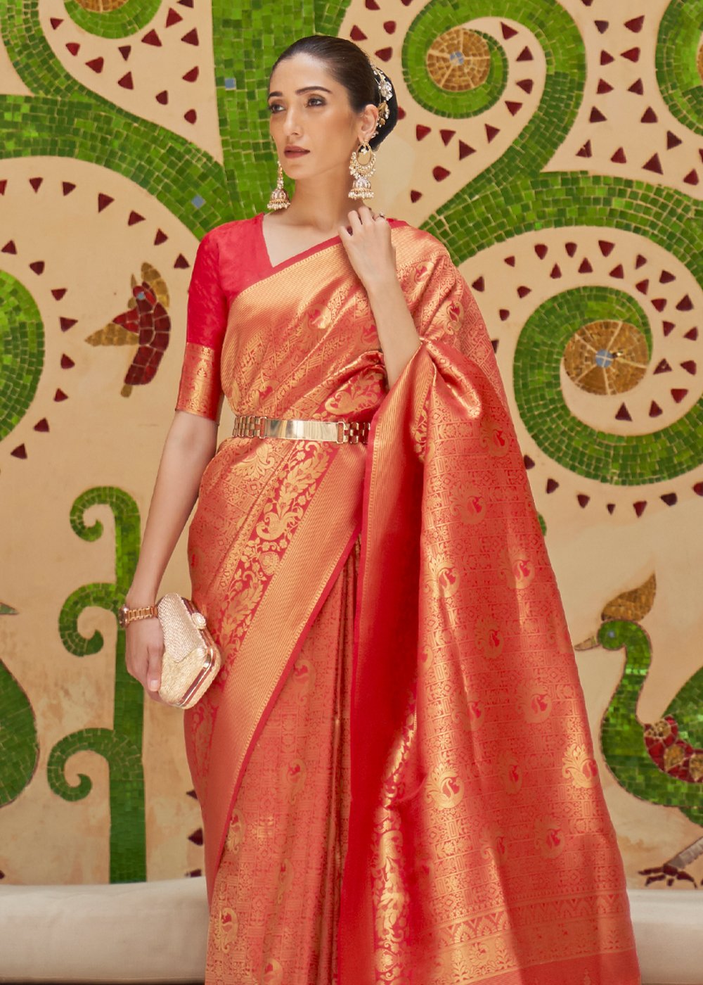 Buy MySilkLove Salmon Red Zari Woven Kanjivaram Saree Online